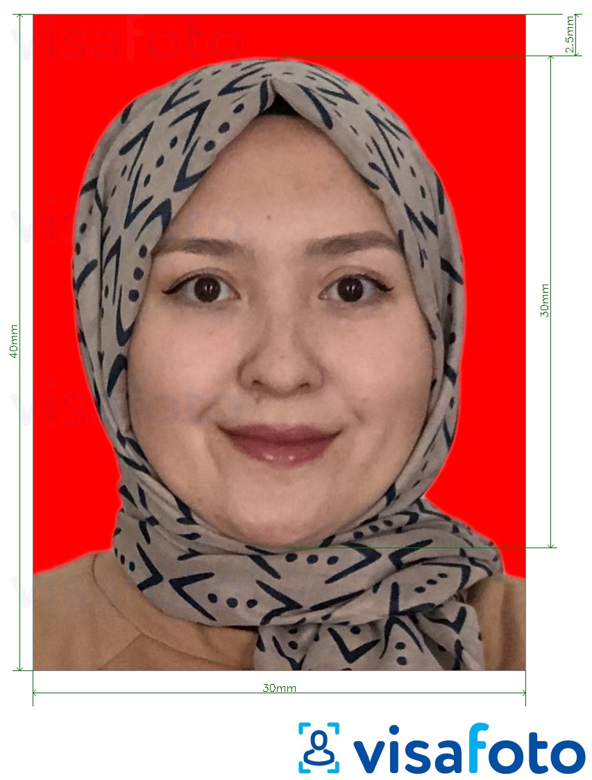 Eksempel bilde for Indonesia visa 3x4 cm (30x40 mm) online rød bakgrunn med riktig størrelse