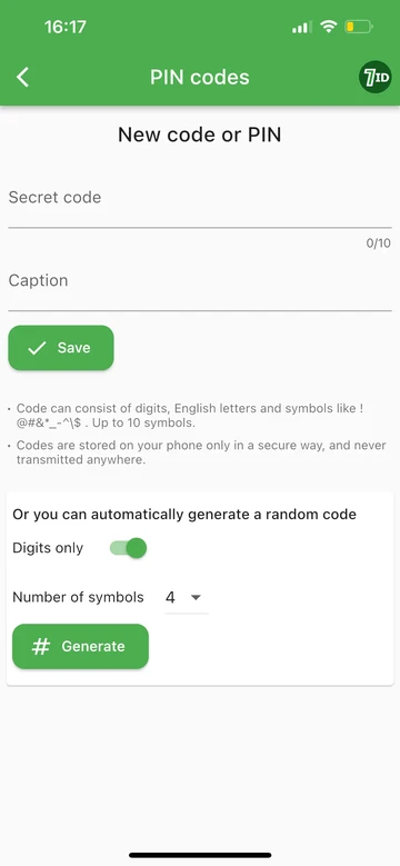7ID: Tilføj en ny PIN-kode, eller generer den