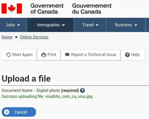 Canada visum bilde opplastings resultat skjermen