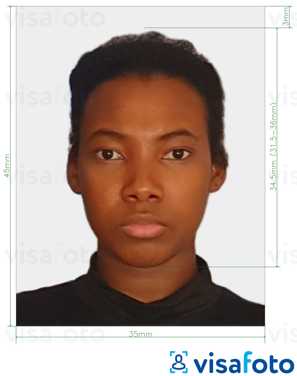 Eksempel bilde for Gabon e-visum foto 35x45 mm (3,5x4,5 cm) med riktig størrelse