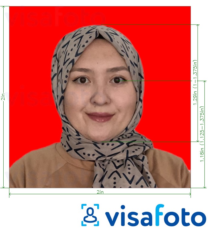 Eksempel bilde for Indonesia pass 51x51 mm (2x2 tommer) rød bakgrunn med riktig størrelse