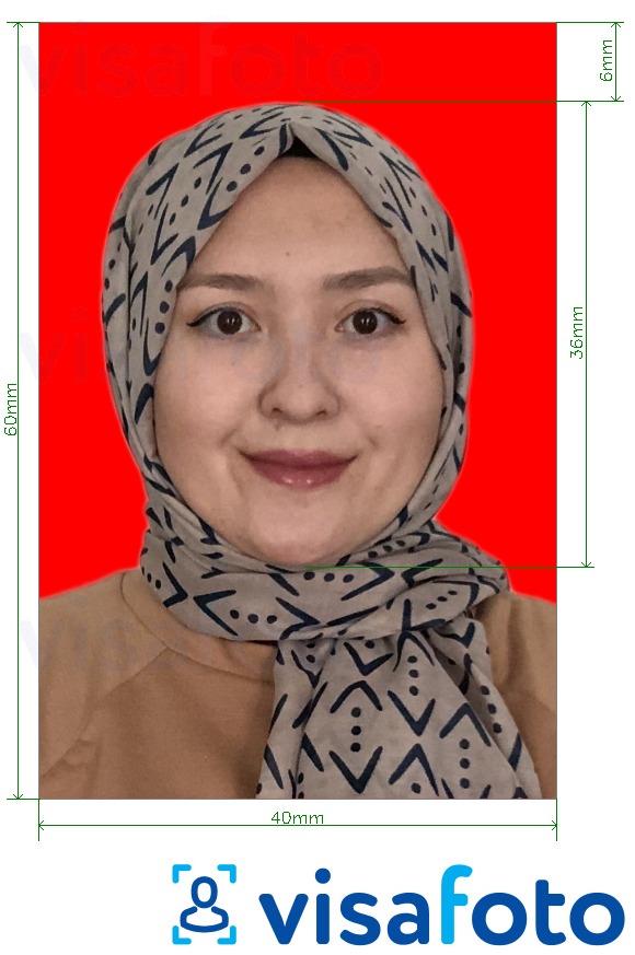Eksempel bilde for Indonesia Visa 4x6 cm rød bakgrunn med riktig størrelse