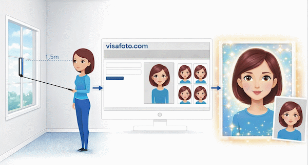 Ta et bilde med en smarttelefon eller et kamera mot en lys vegg, last opp den her og få et riktig bilde for visum, pass eller ID.
